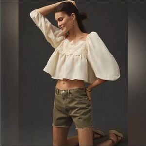 Anthropologie Lace Crochet Babydoll Top Cream Knit Linen Blend size L